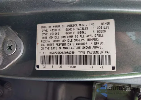 2008 Honda Accord 2.4 Ex-L z USA, uszkodzony, nr VIN 1HGCP268X8A084059